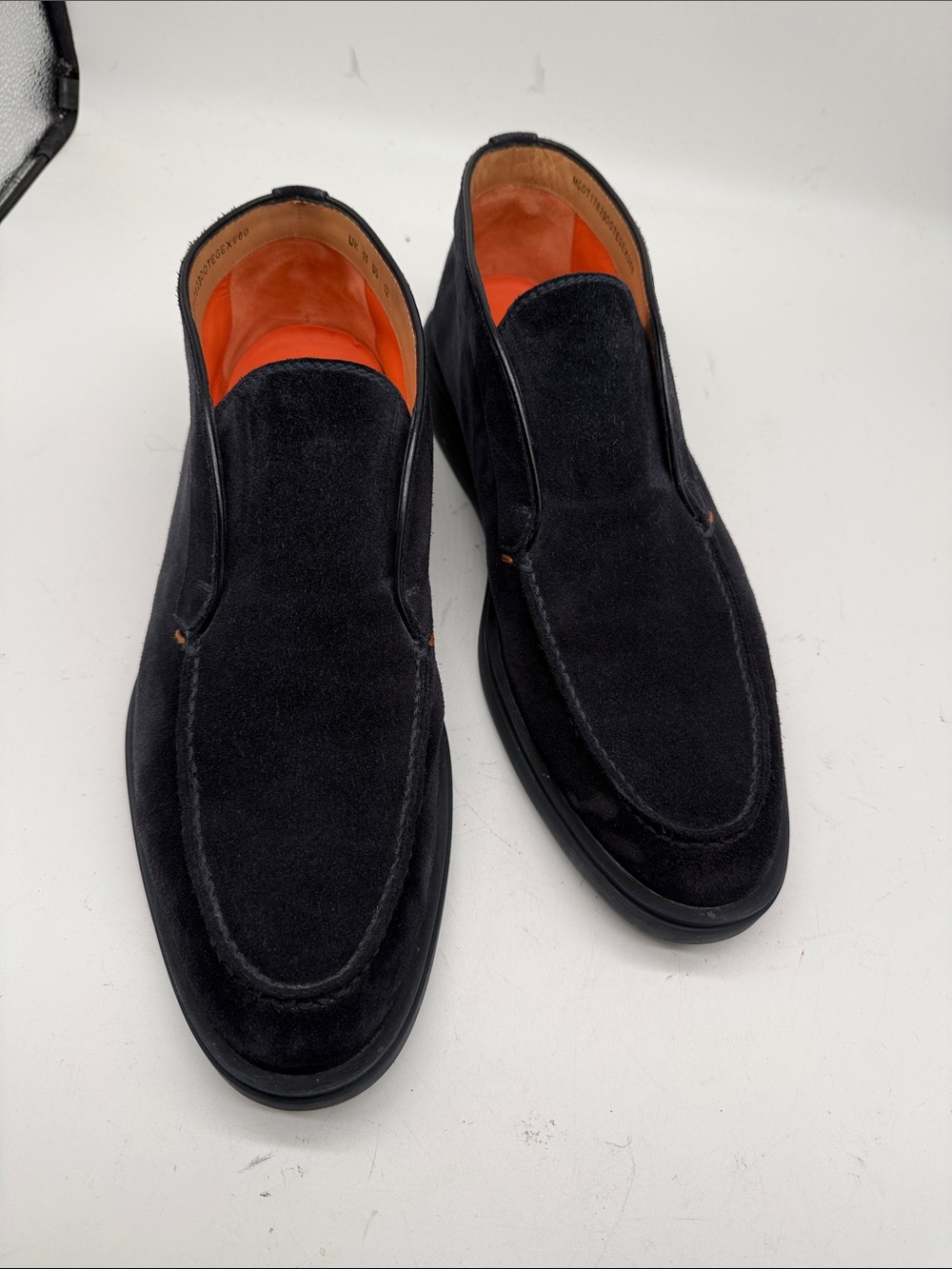 Santoni Dark Navy Suede Slip-On Loafers with Orange Lining